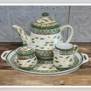 Vintage Temptations Tara Tea Set Old World Green Tray Teapot Creamer Sugar Bowl